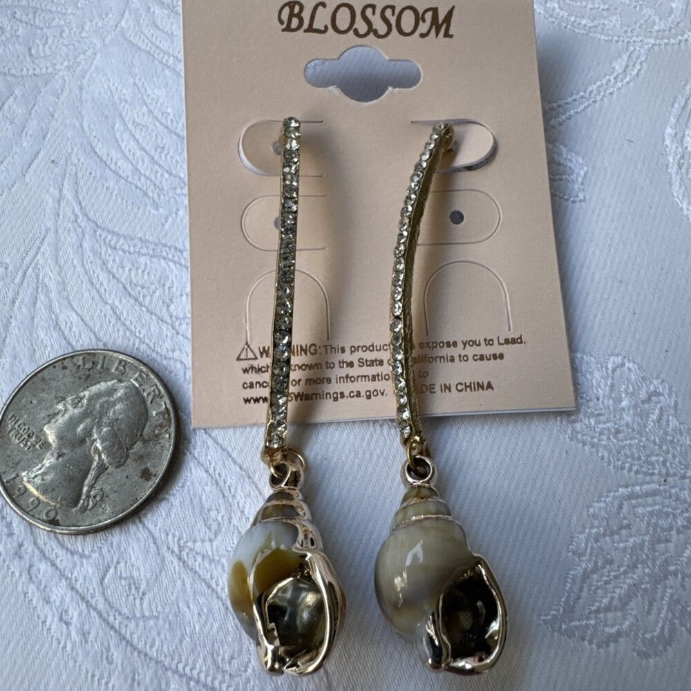 Blossom 2 3/4" Long Shell Rhinestone Goldtone Earrings Party Wedding Cruise NEW